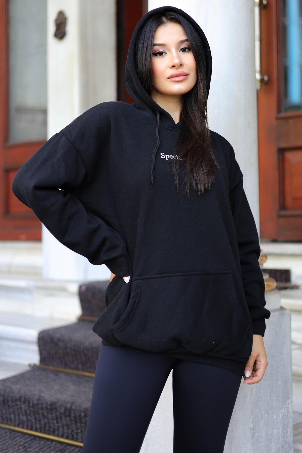 Kadın Siyah Spectacular Baskılı 3 iplik Şardonlu Kapüşonlu Kanguru Cepli Oversize Salaş Hoodie Sweatshirt