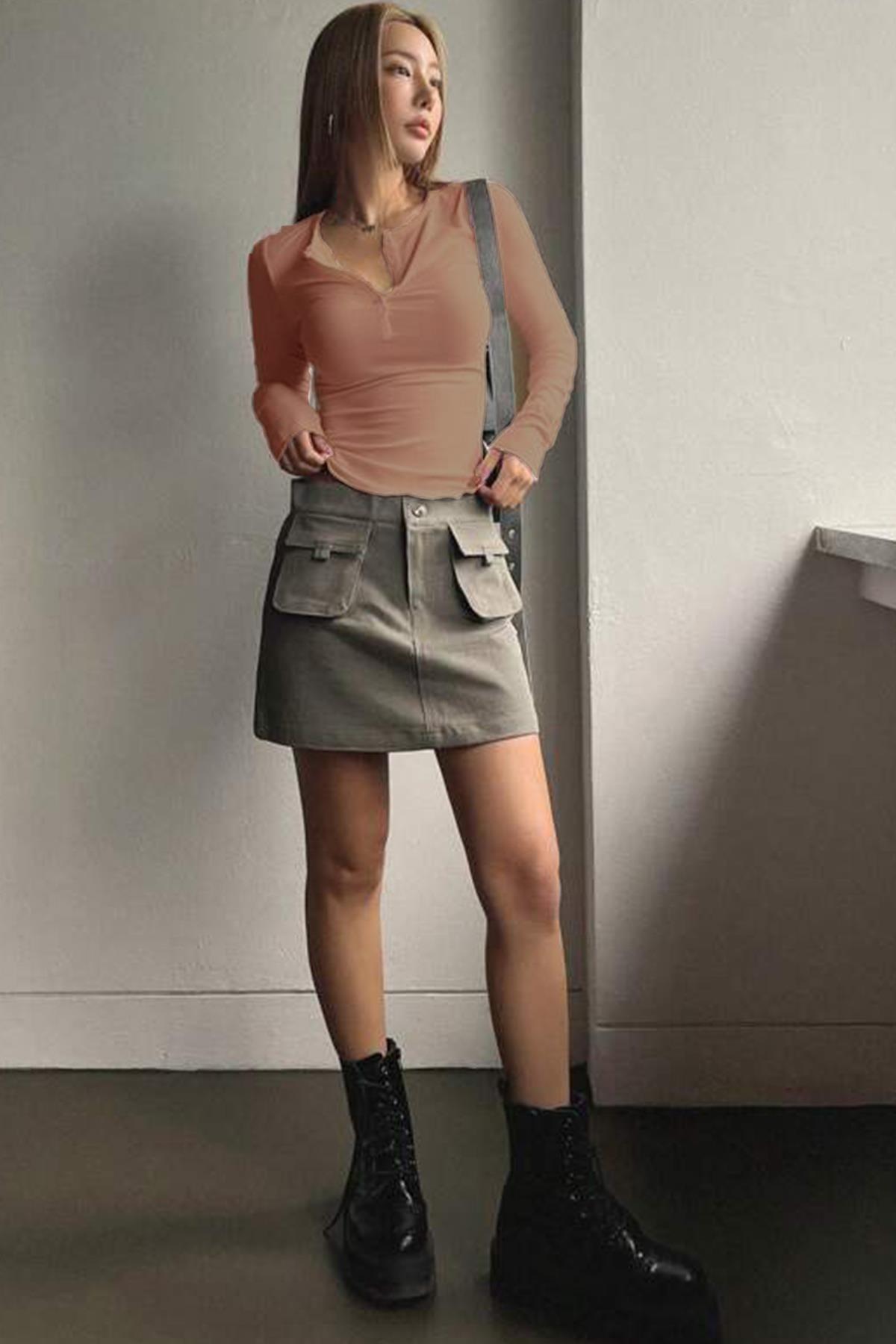 Kadın Somon Düğme Detaylı Patlı Düğmeli Bisiklet Yaka Uzun Kollu Fitilli Kaşkorse Bluz Body
