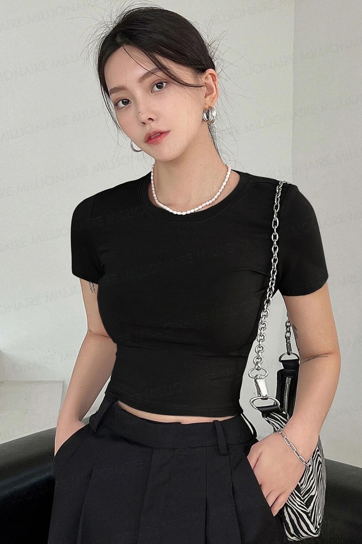 Mix 2'li Kısa Kol ve Kolsuz Sıfır Kol Kadın Siyah Bisiklet Yaka Likralı Body Crop Bluz