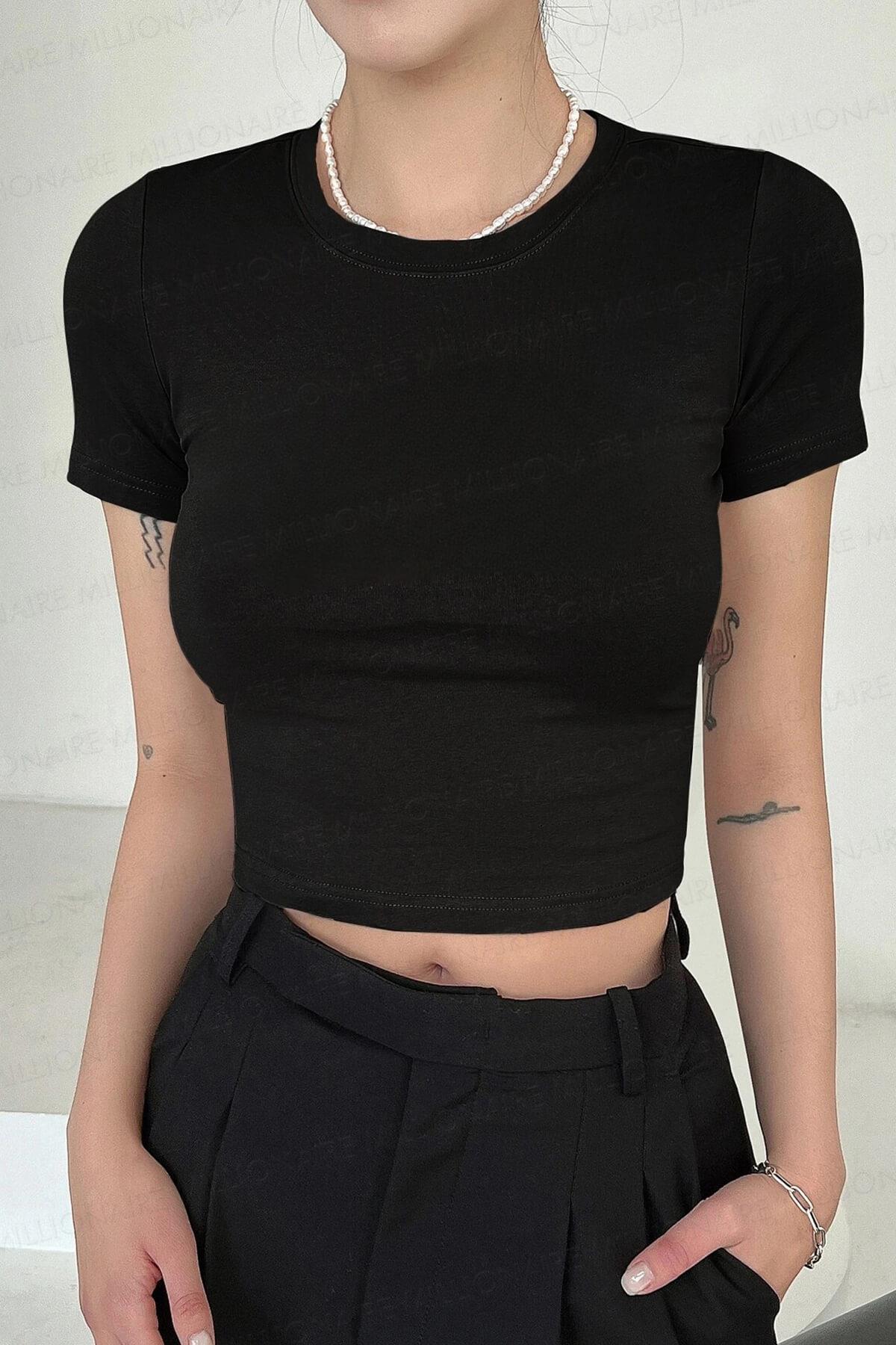 Mix 2'li Kısa Kol ve Kolsuz Sıfır Kol Kadın Siyah Bisiklet Yaka Likralı Body Crop Bluz
