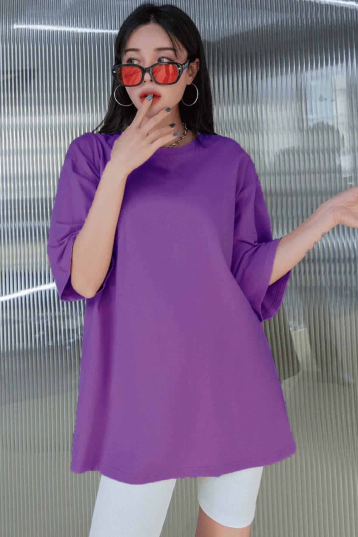 Mor Basic Düz Baskısız Oversize Salas Boyfriend Kadın T-Shirt
