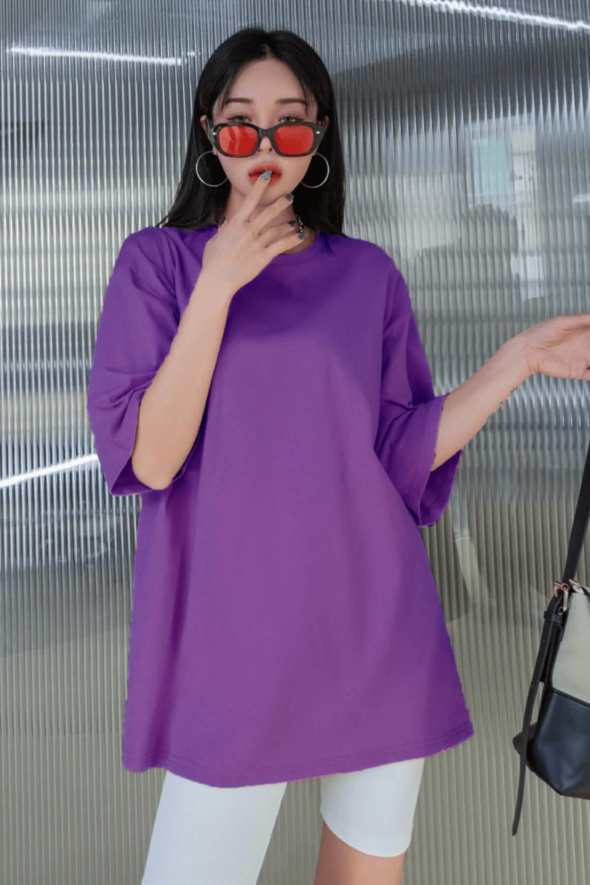 Mor Basic Düz Baskısız Oversize Salas Boyfriend Kadın T-Shirt