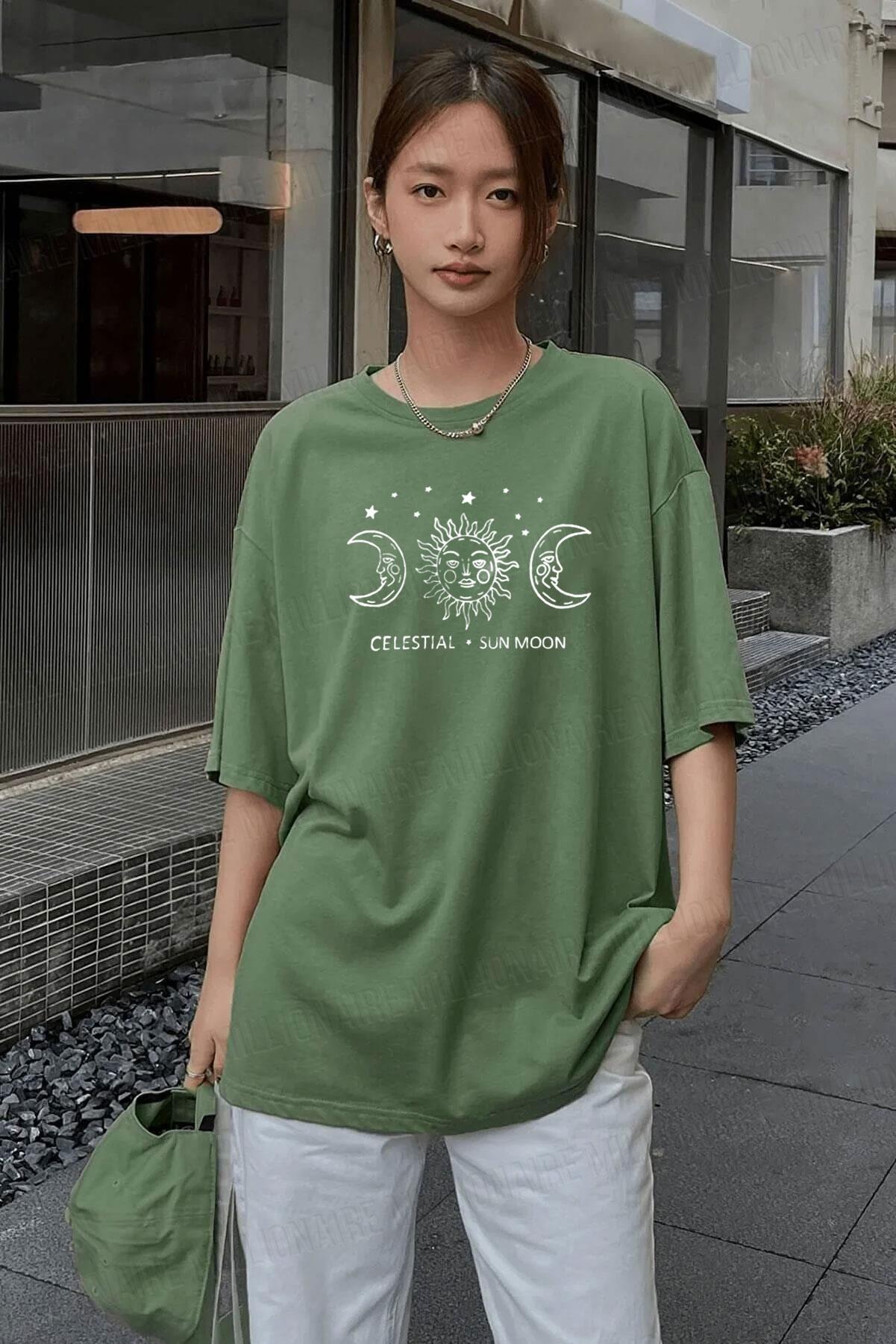 Oversize Celestial Sun Moon Baskılı T-Shirt - K2113