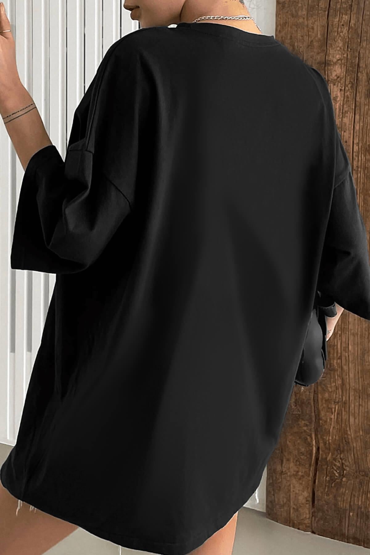 Siyah Basic Düz Baskısız Oversize Salas Boyfriend Kadın T-Shirt