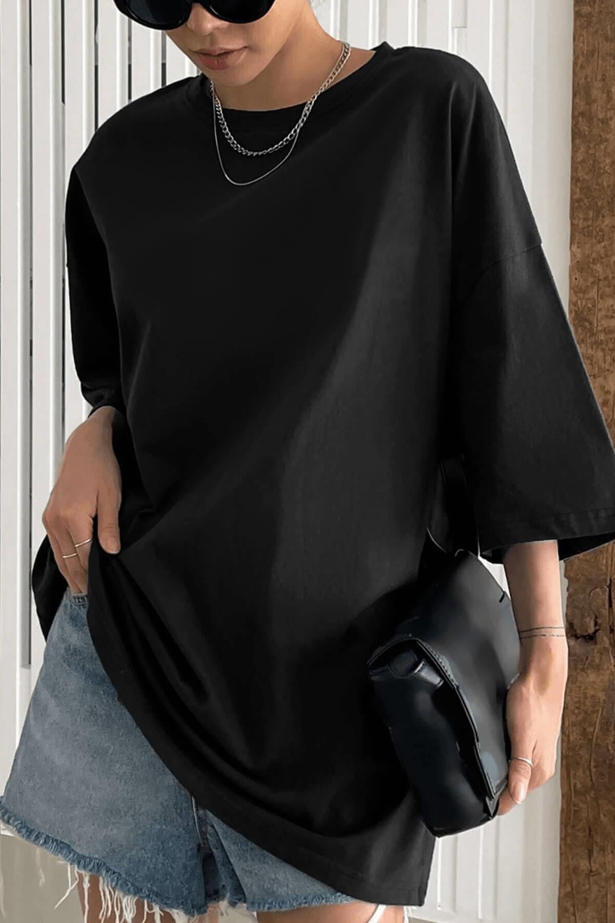 Siyah Basic Düz Baskısız Oversize Salas Boyfriend Kadın T-Shirt