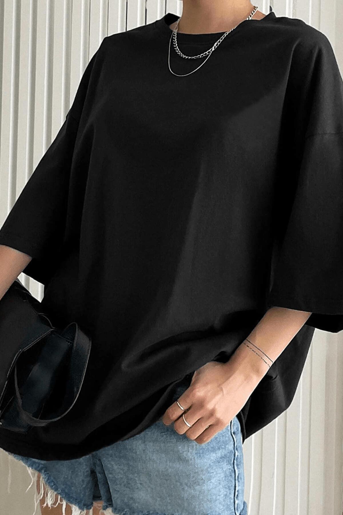 Siyah Basic Düz Baskısız Oversize Salas Boyfriend Kadın T-Shirt