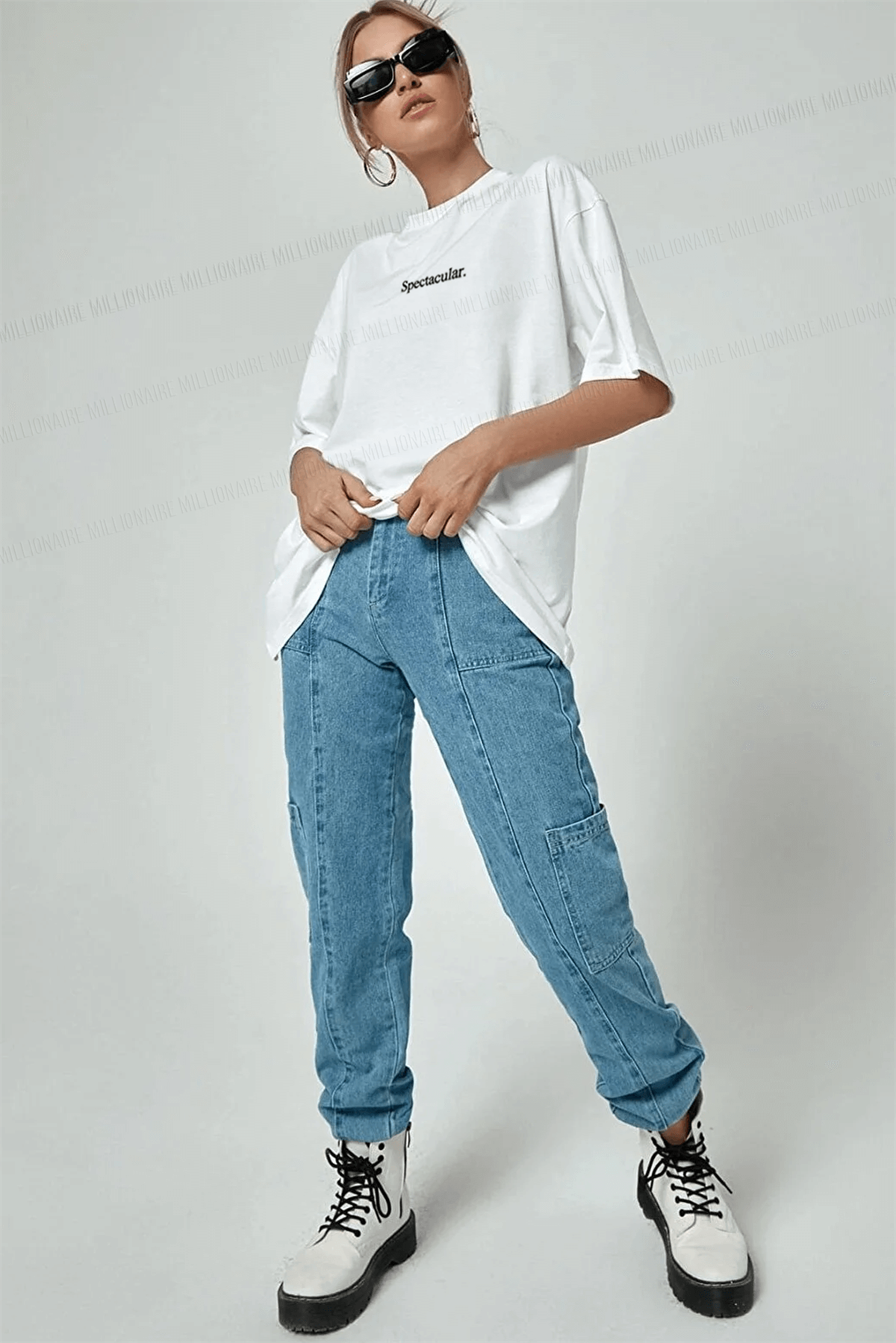 Spectacular Beyaz Oversize Salas Boyfriend Kadın T-Shirt
