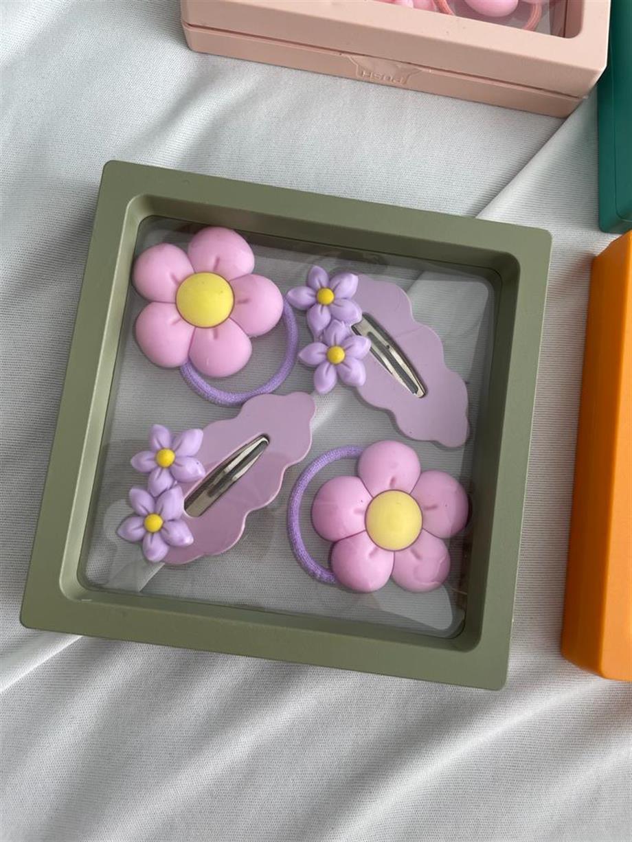 Ahşap Kutulu Mor 4lü Toka Seti