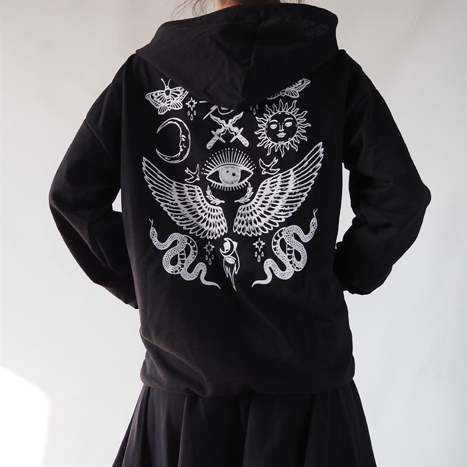 Always Bored  Mystical Gothic Sırt Baskılı Siyah Sweatshirt