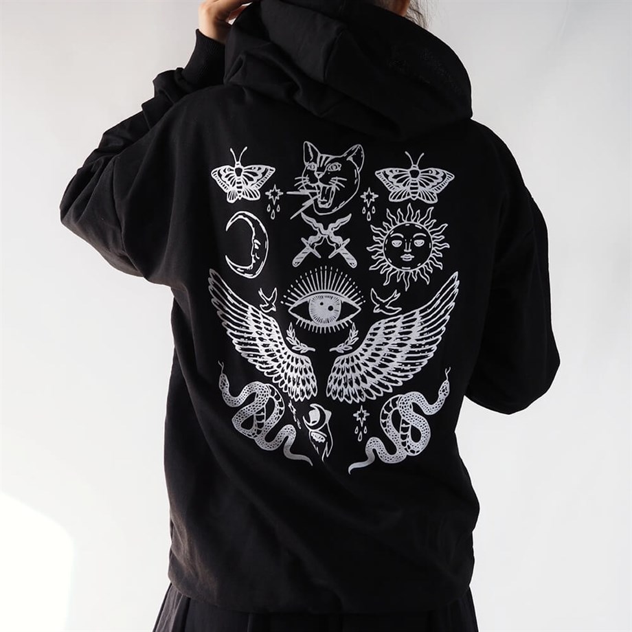 Always Bored  Mystical Gothic Sırt Baskılı Siyah Sweatshirt