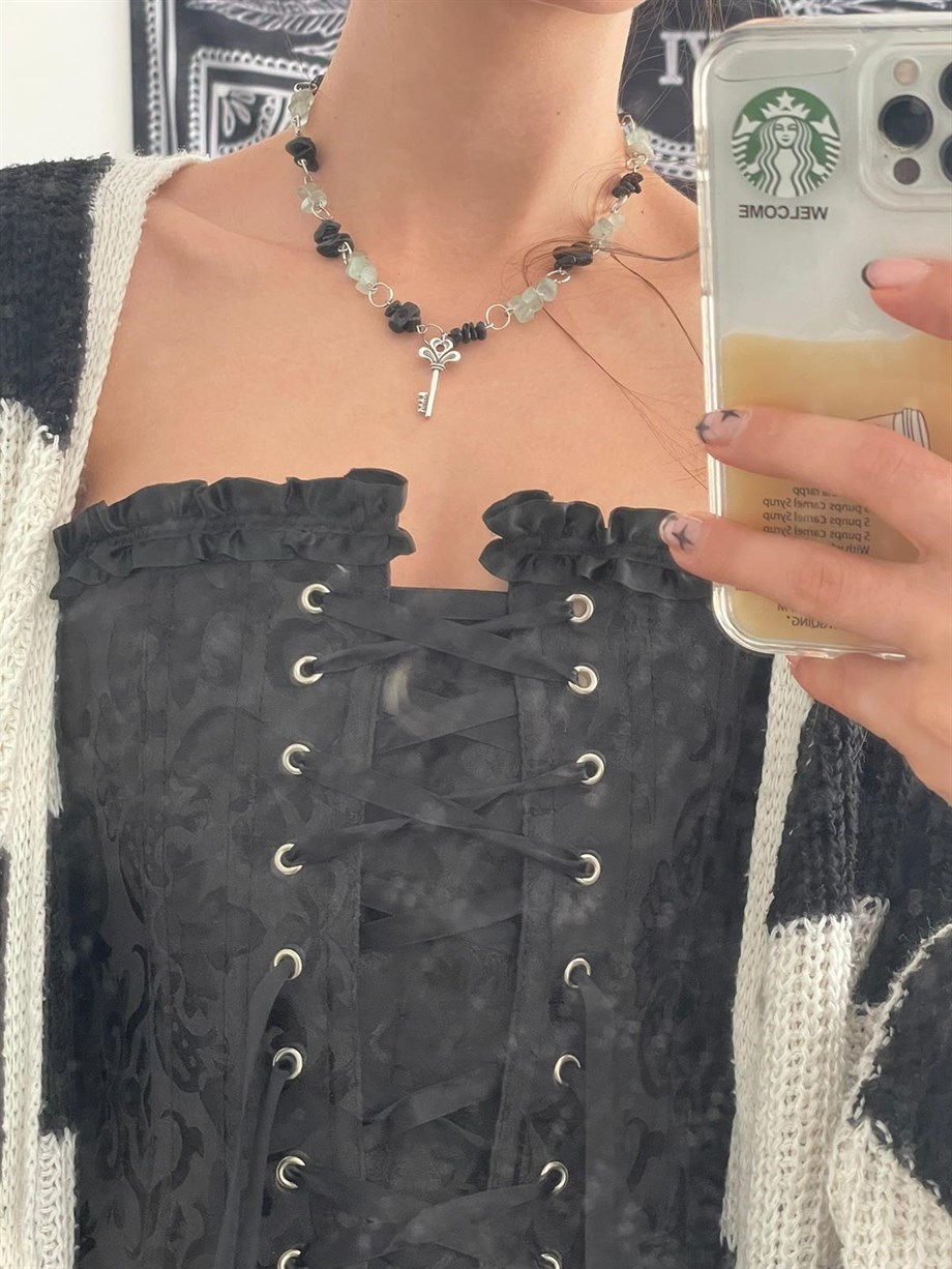 Anahtar Charmlı Doğal Taş Grunge Kolye I Handmade