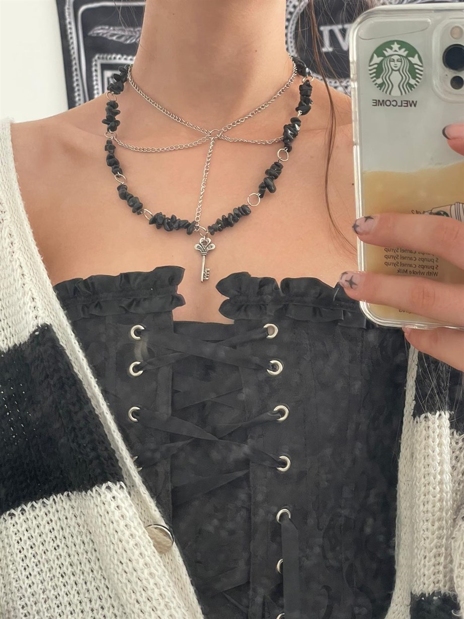 Anahtar Charmlı Doğal Taşlı Zincir Ağı Grunge Kolye I Handmade