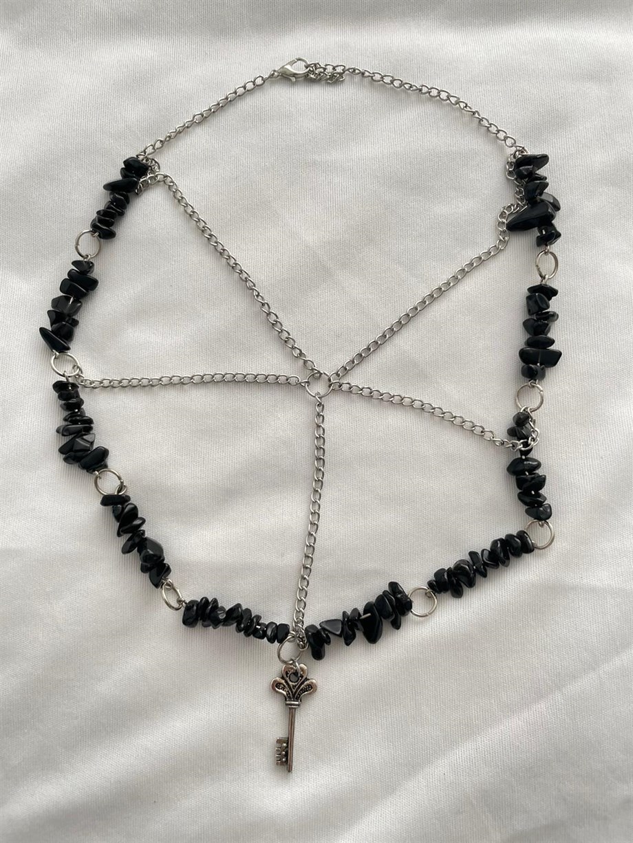 Anahtar Charmlı Doğal Taşlı Zincir Ağı Grunge Kolye I Handmade