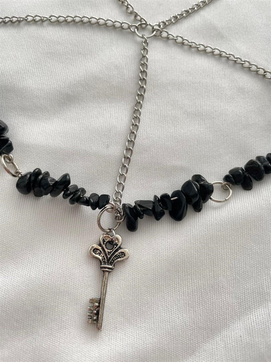 Anahtar Charmlı Doğal Taşlı Zincir Ağı Grunge Kolye I Handmade