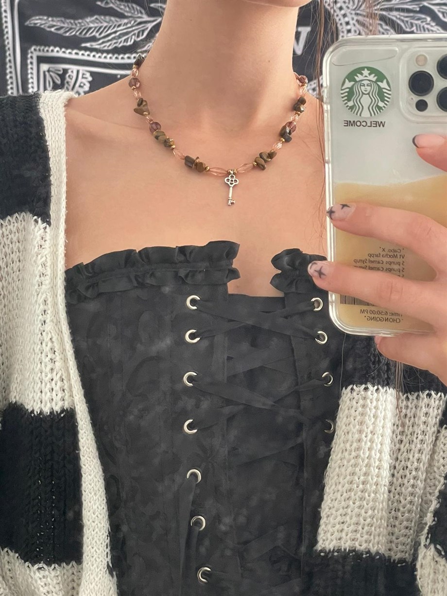 Anahtar Charmlı Kahverengi Doğal Taşlı  Grunge Kolye I Handmade