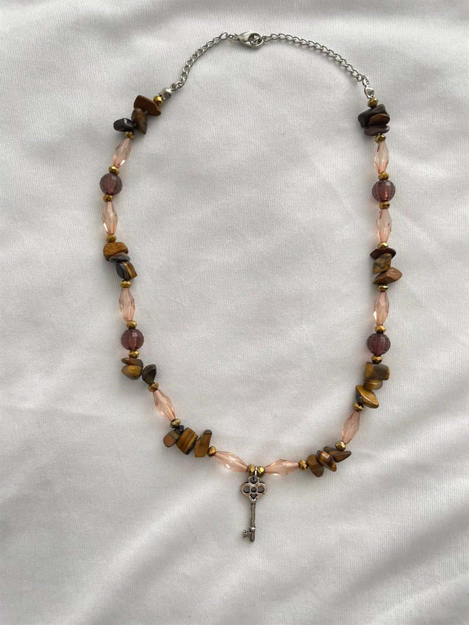 Anahtar Charmlı Kahverengi Doğal Taşlı  Grunge Kolye I Handmade