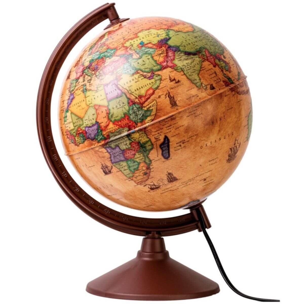 Antik Işıklı Dünya Küre Fiziki - Siyasi