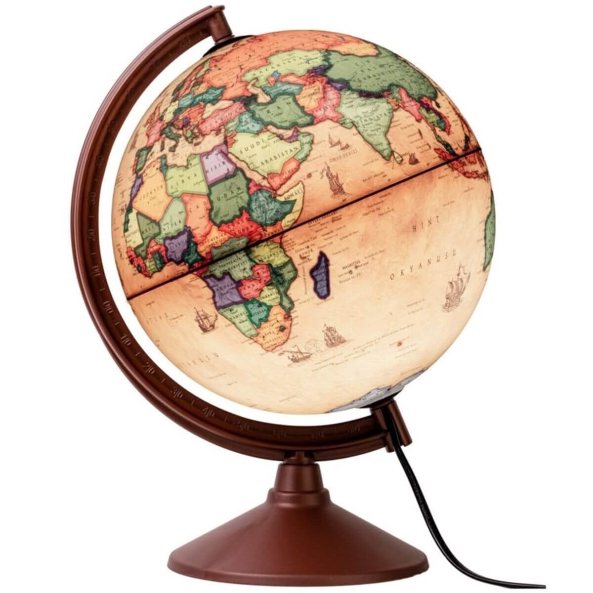 Antik Işıklı Dünya Küre Fiziki - Siyasi