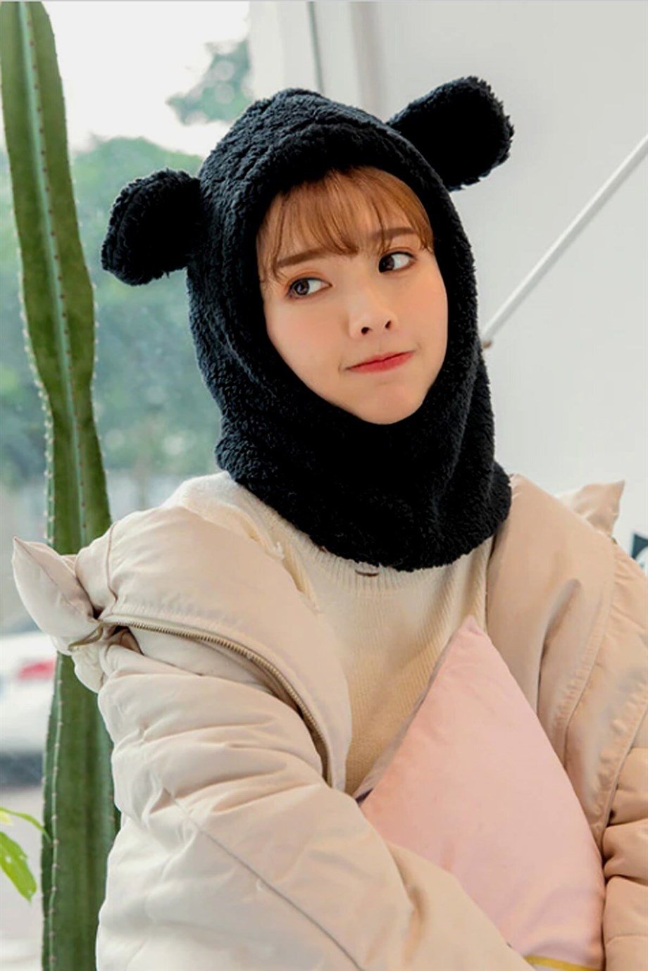 Ayı Kulaklı Peluş Termal Kar Maskesi Bere Siyah