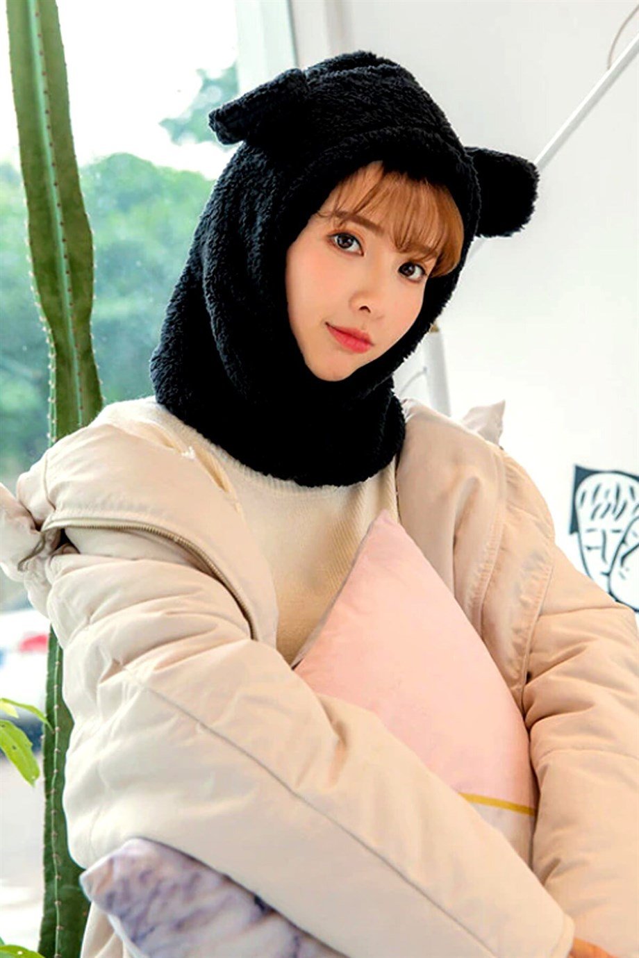 Ayı Kulaklı Peluş Termal Kar Maskesi Bere Siyah