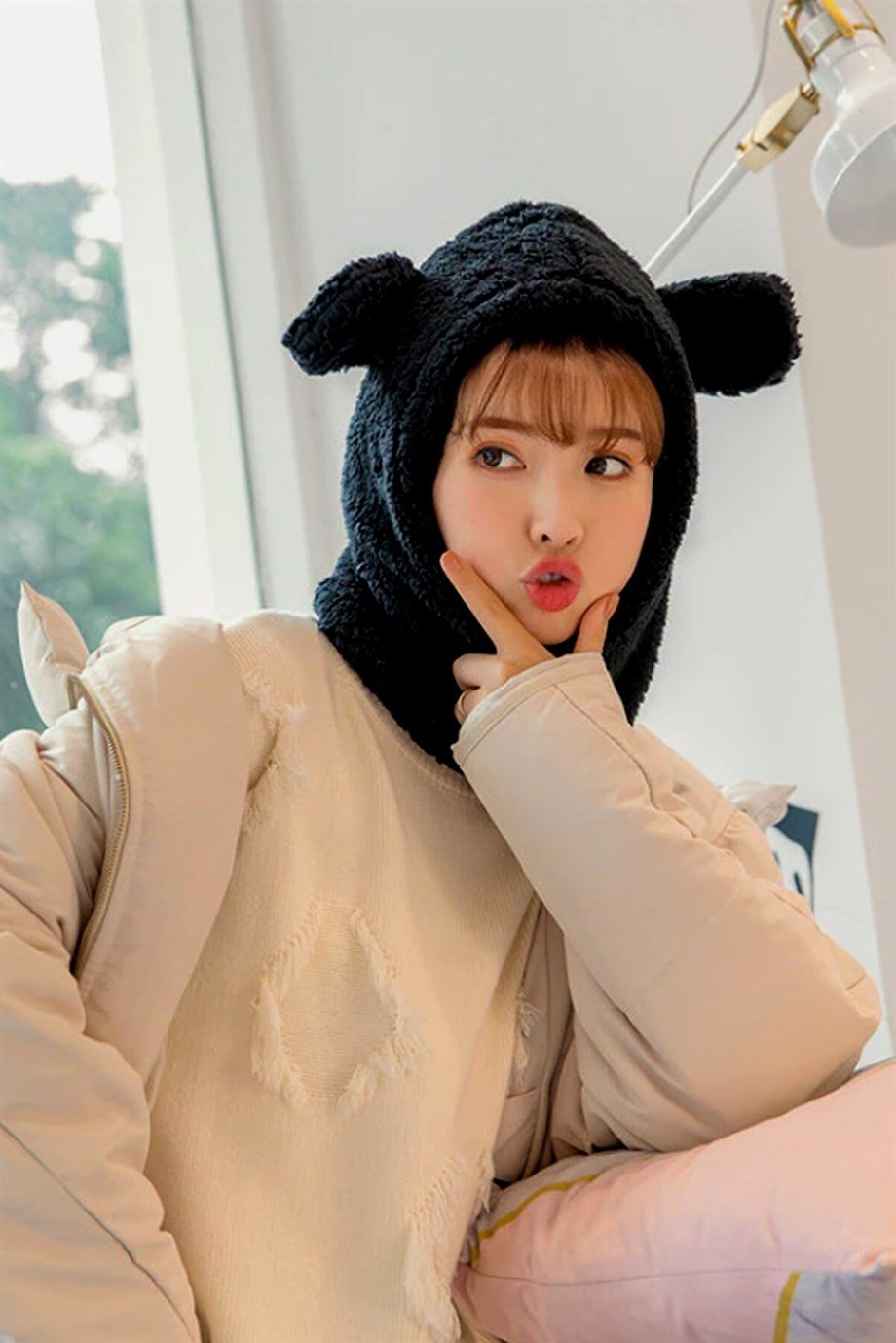 Ayı Kulaklı Peluş Termal Kar Maskesi Bere Siyah