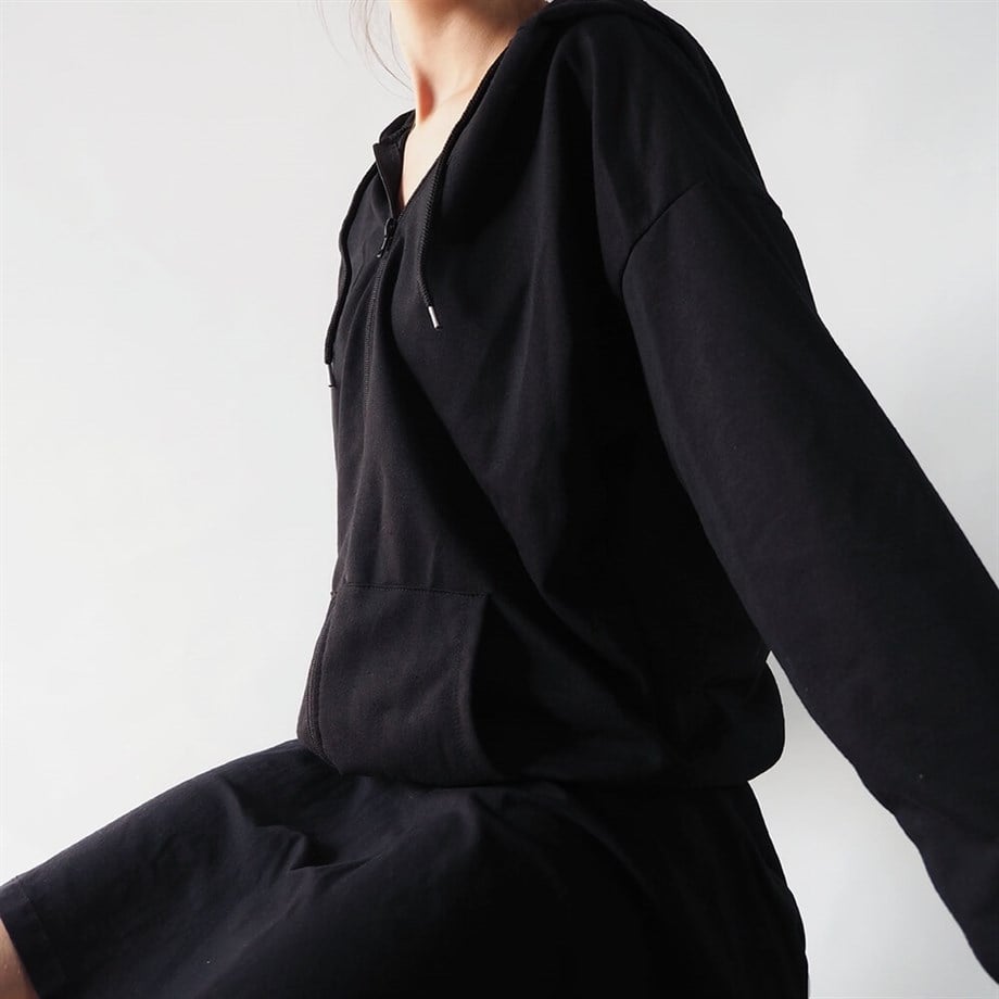 Basic Siyah Fermuarlı Kapüşonlu Sweatshirt