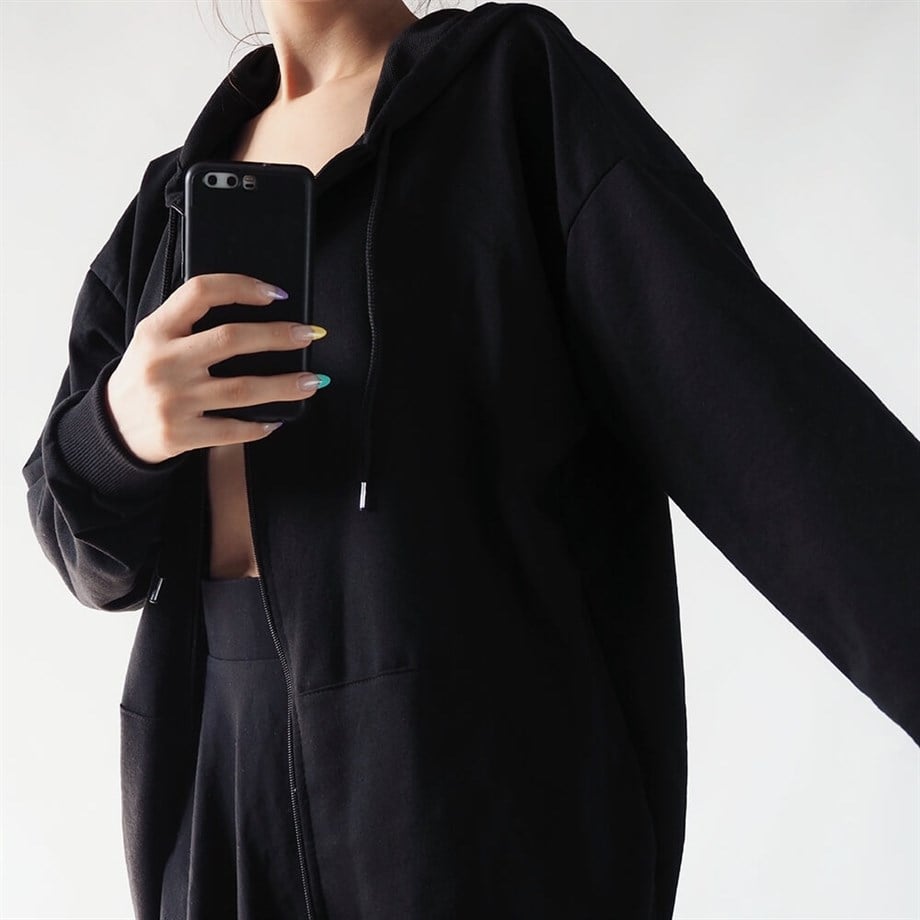 Basic Siyah Fermuarlı Kapüşonlu Sweatshirt