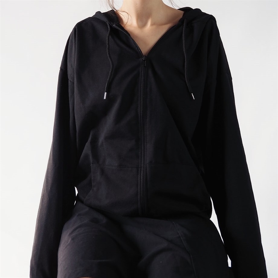 Basic Siyah Fermuarlı Kapüşonlu Sweatshirt