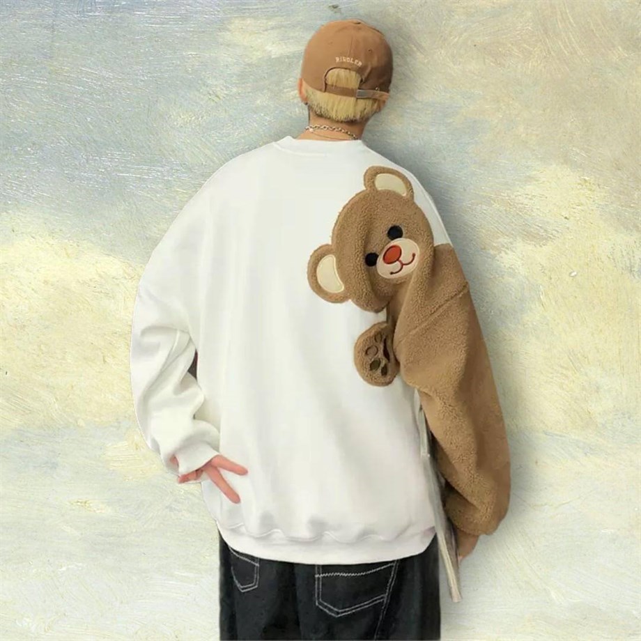 Bear Oversize Peluş Sweatshirt Beyaz