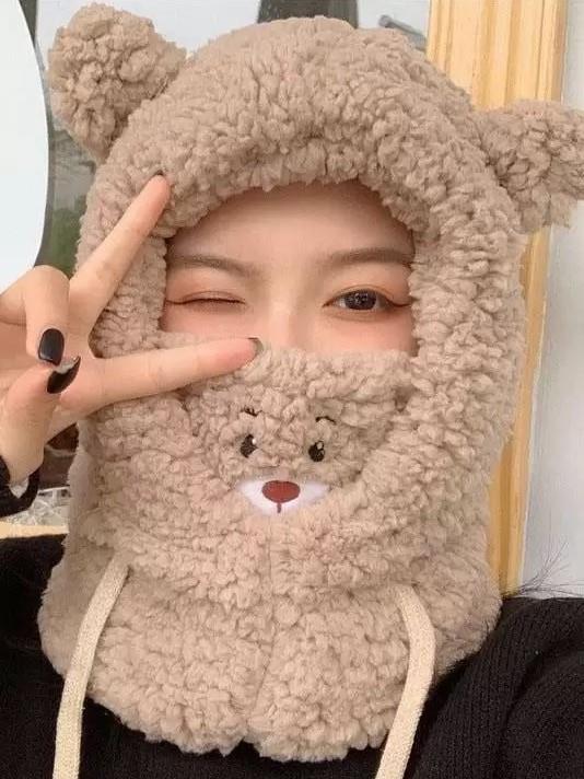 Bej Renk Peluş Ayıcık Balaclava Boyunluklu Bere