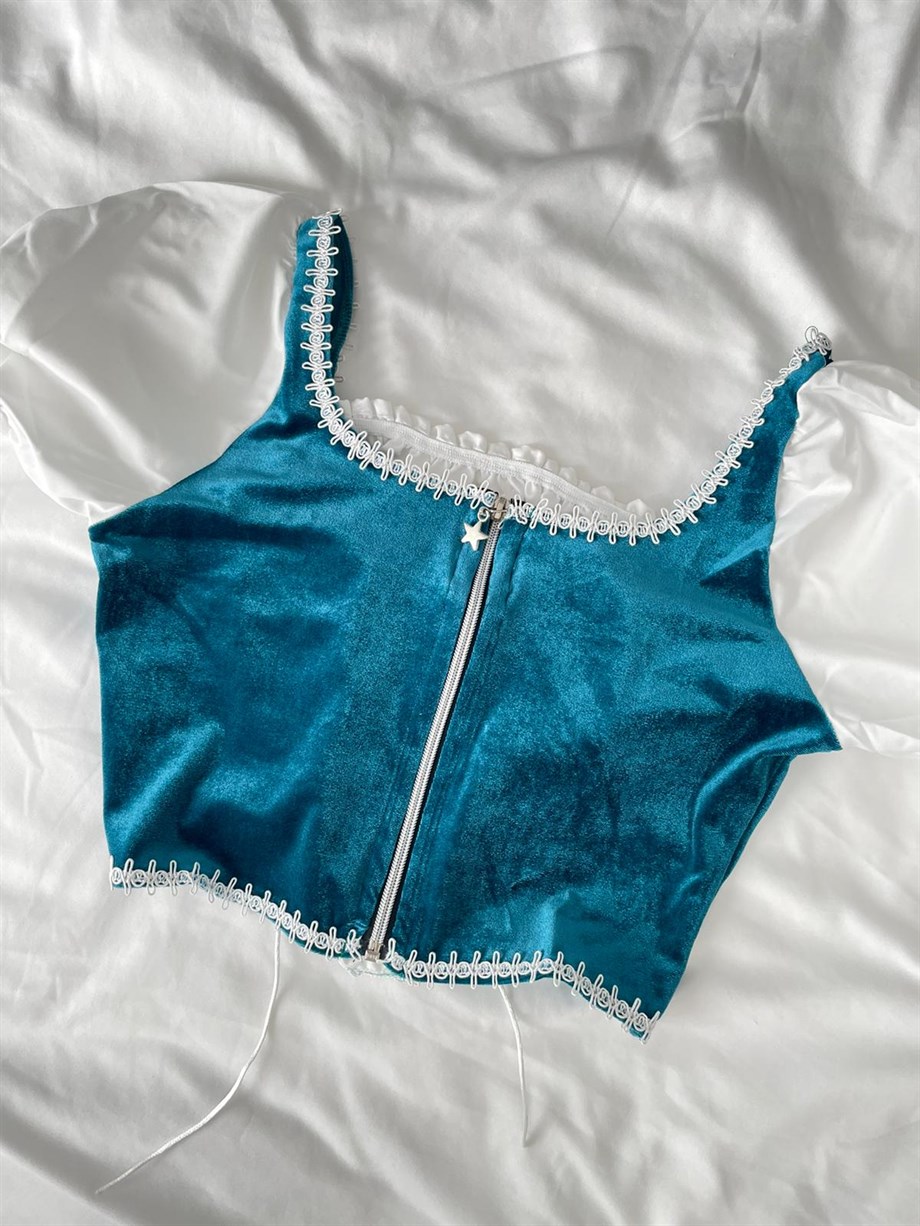 Beyaz Poplin Victorian Bluz Mavi