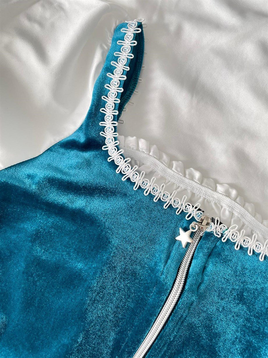 Beyaz Poplin Victorian Bluz Mavi