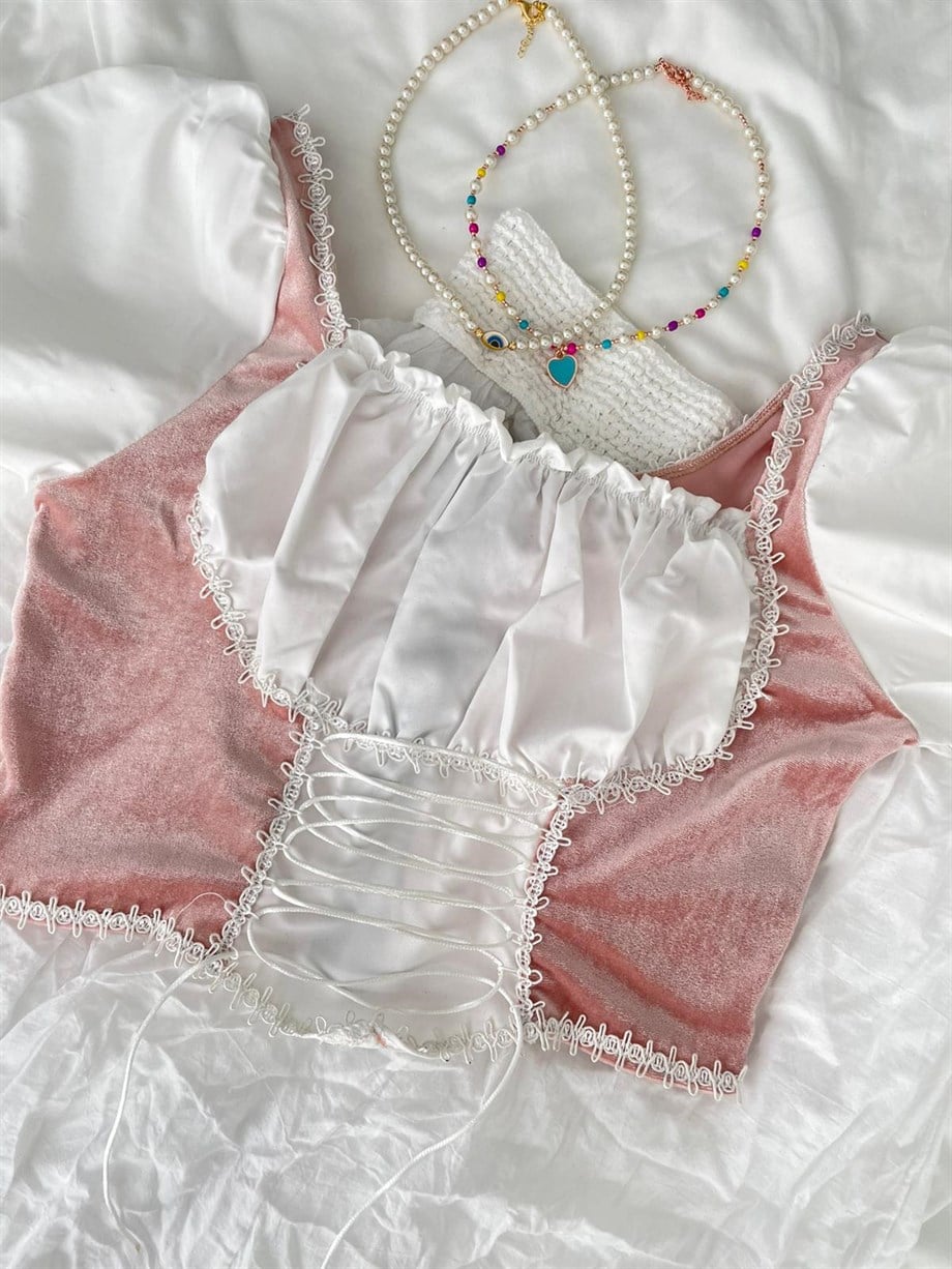 Beyaz Poplin Victorian Bluz Pudra Pembe