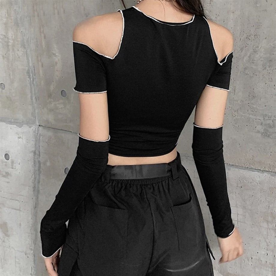 Beyaz Ters Dikiş Kolluklu Crop