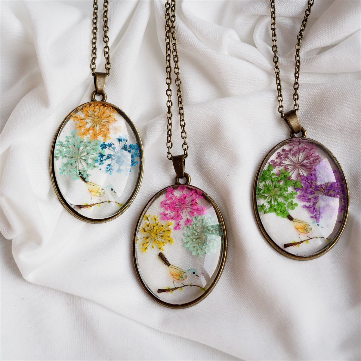 Çiçek ve Kuş Reçine Kolye