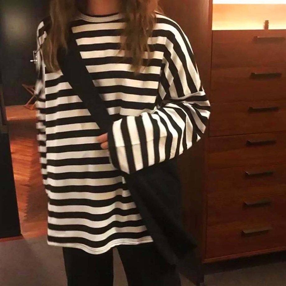 Çizgili Oversize Uzun Kollu Unisex Sweatshirt