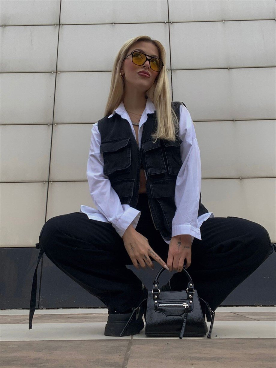 Çok Cepli Unisex Siyah Kot Yelek