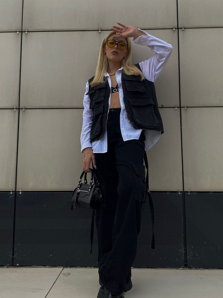 Çok Cepli Unisex Siyah Kot Yelek