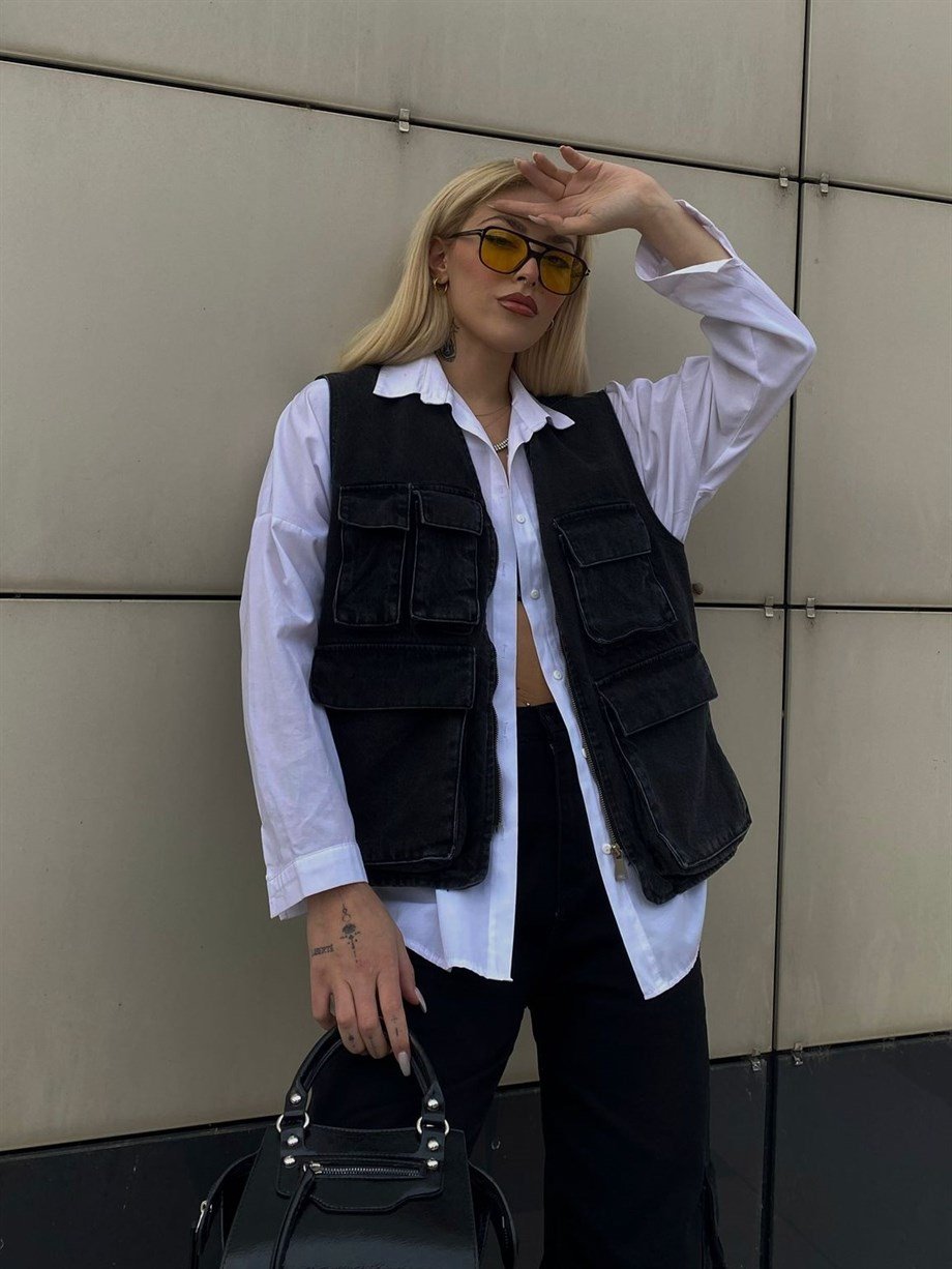 Çok Cepli Unisex Siyah Kot Yelek