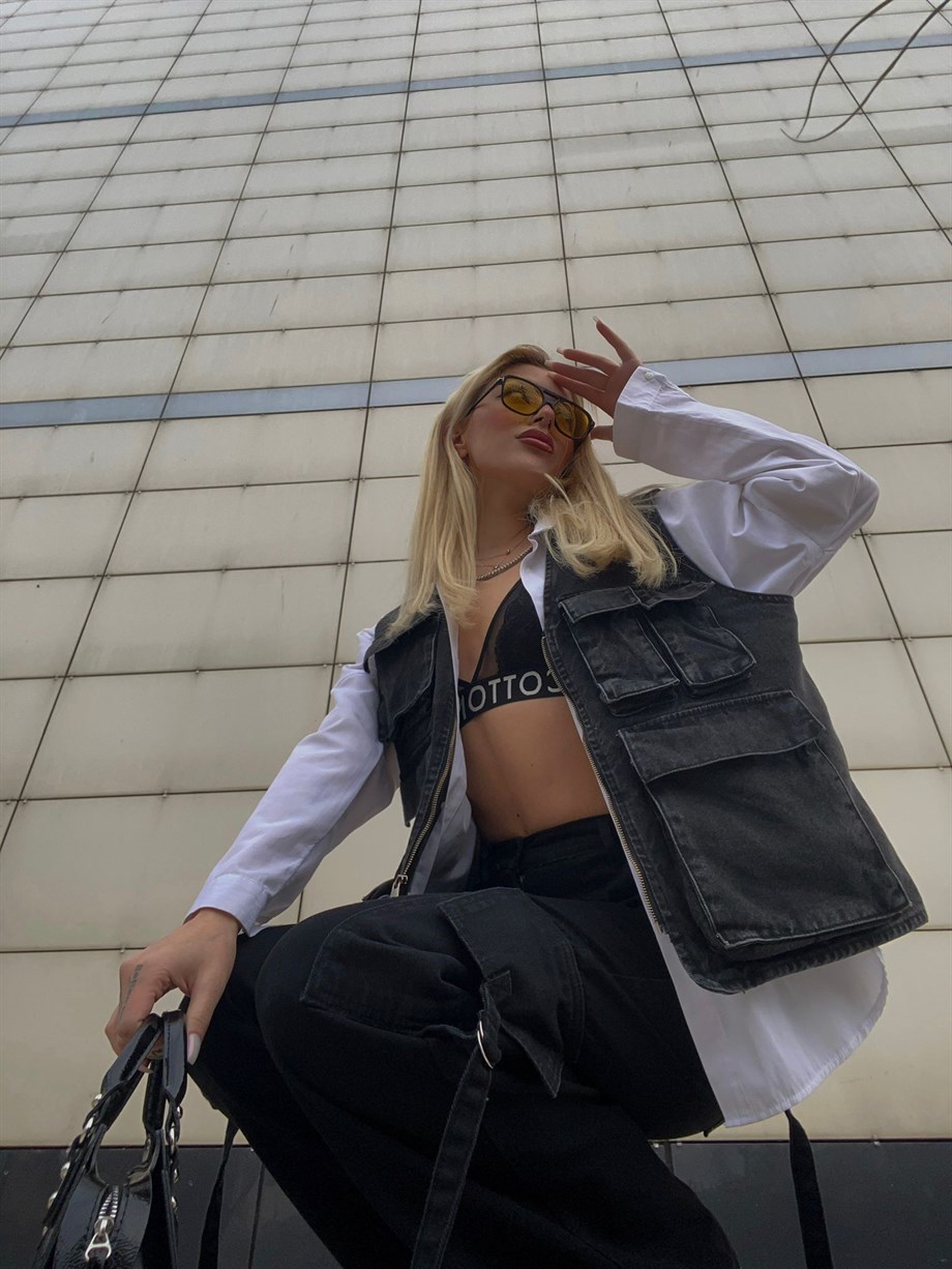 Çok Cepli Unisex Siyah Kot Yelek