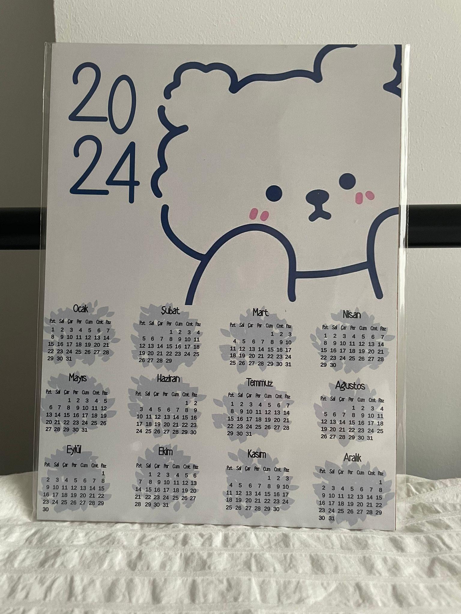 Cute Bear 2024 Ahşap Duvar Takvimi