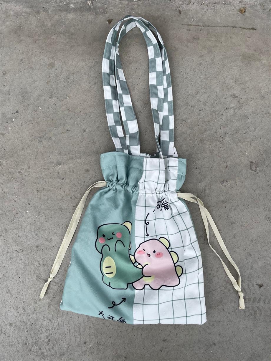Cute Dinozor Kawaii Büzgülü Bez Çanta