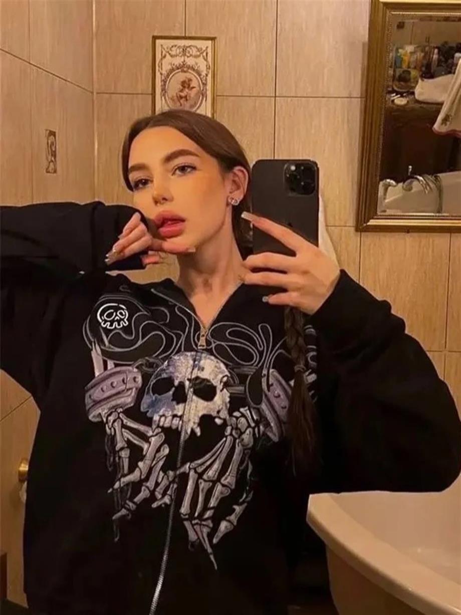 Cyber Punk Baskılı Oversize Fermuarlı Siyah Unisex Kapüşonlu Hırka