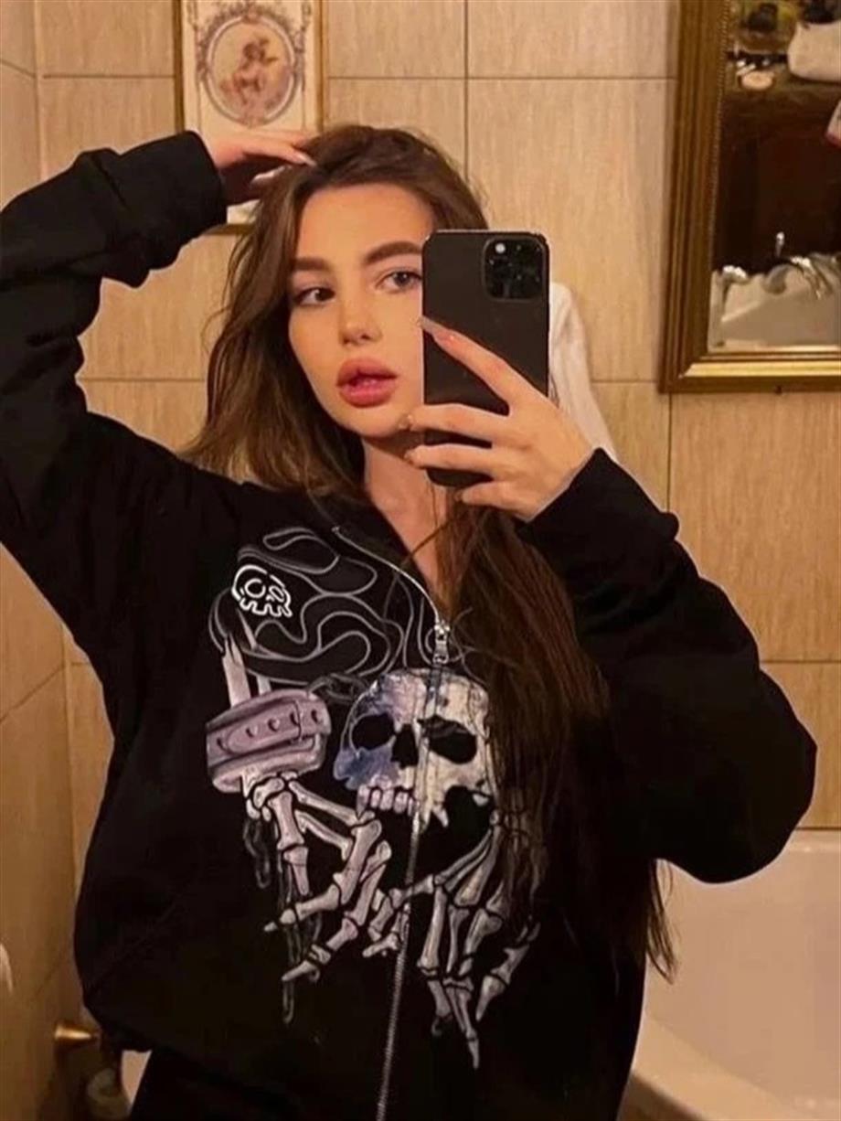 Cyber Punk Baskılı Oversize Fermuarlı Siyah Unisex Kapüşonlu Hırka