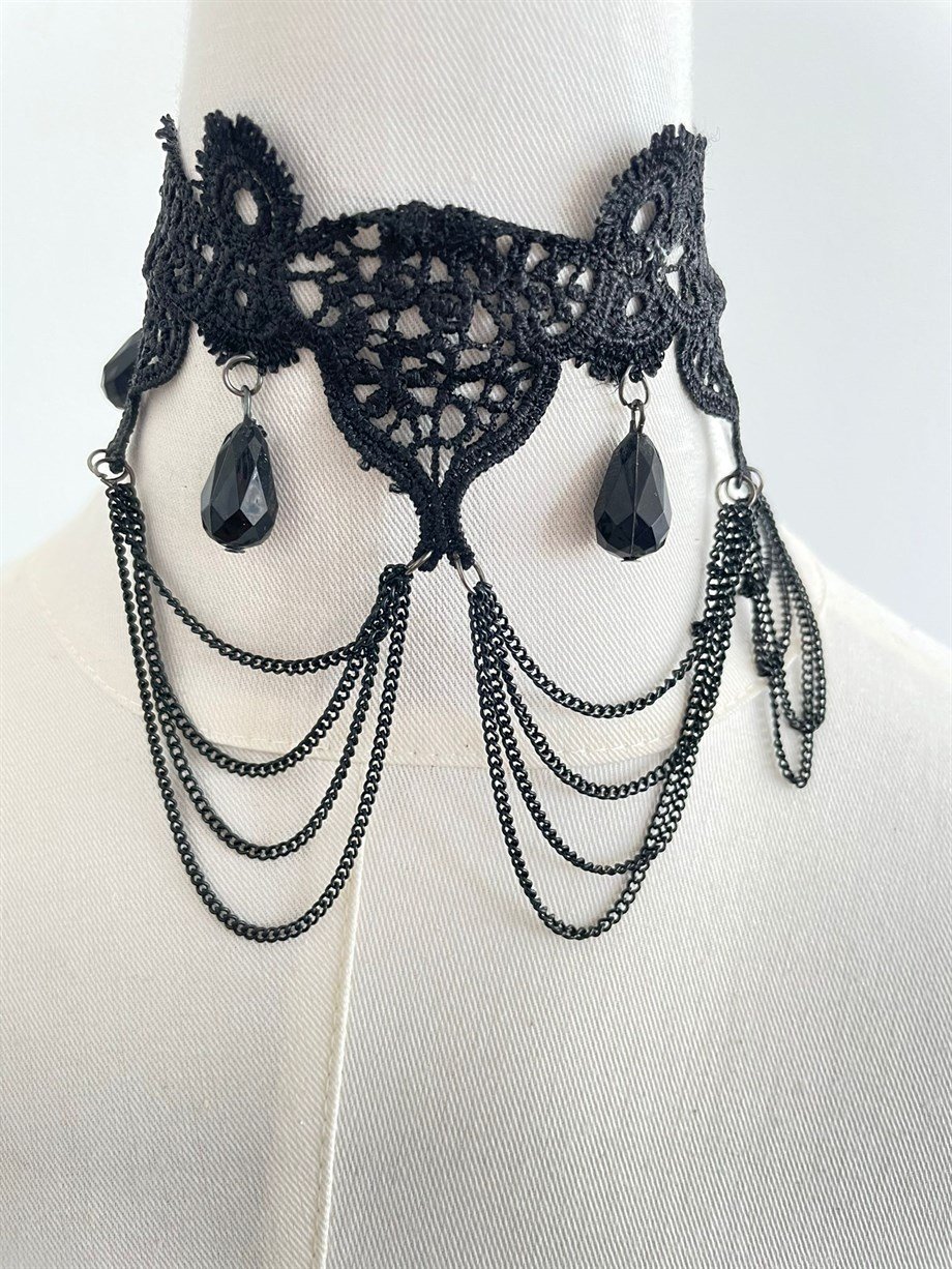 Dantelli Zincirli Choker Kolye
