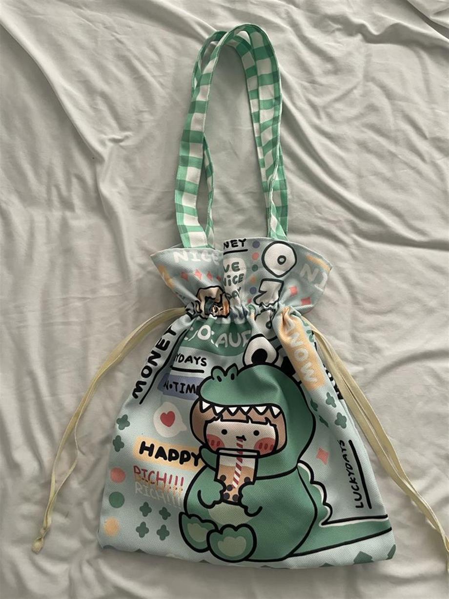 Dino Girl Kawaii Büzgülü Bez Çanta