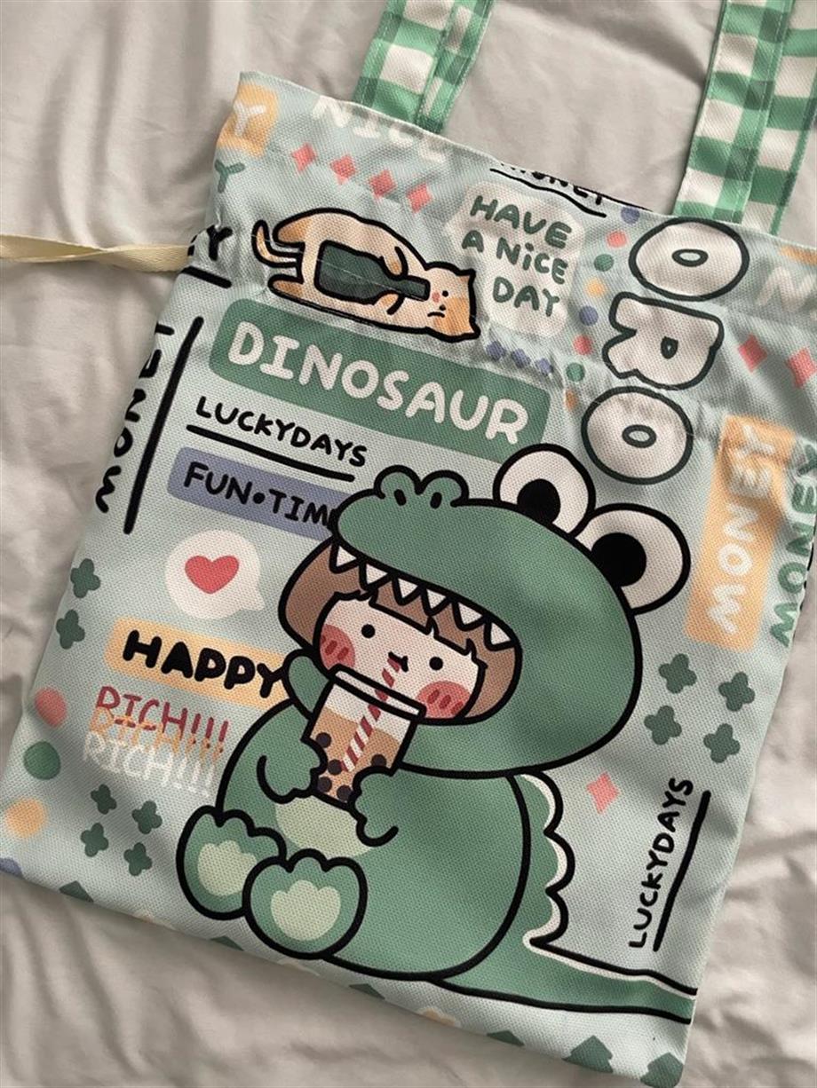 Dino Girl Kawaii Büzgülü Bez Çanta
