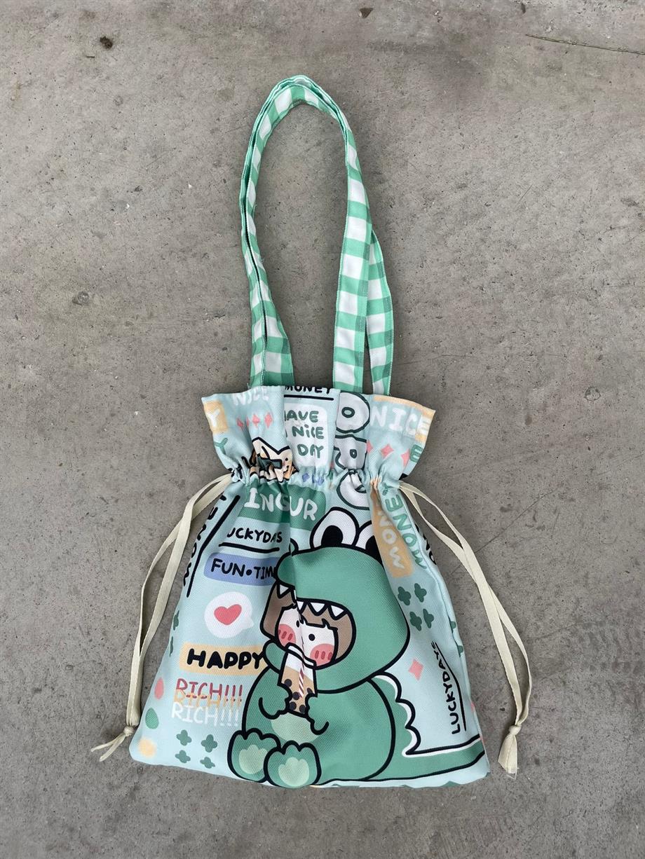 Dino Girl Kawaii Büzgülü Bez Çanta