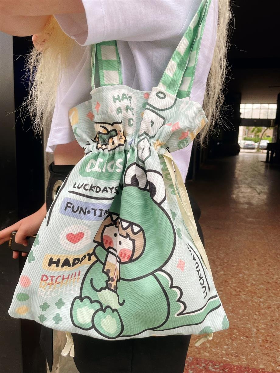 Dino Girl Kawaii Büzgülü Bez Çanta