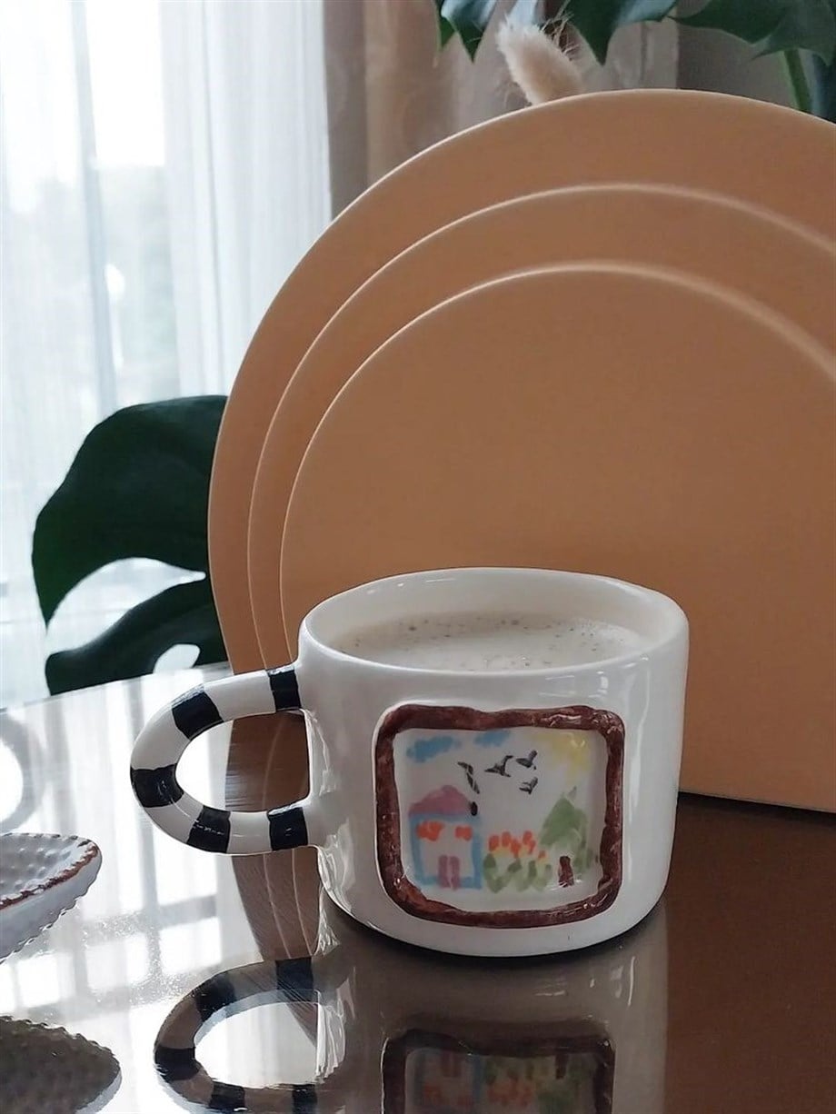 Ev ve Kuş Çizimli Seramik Kupa I Handmade